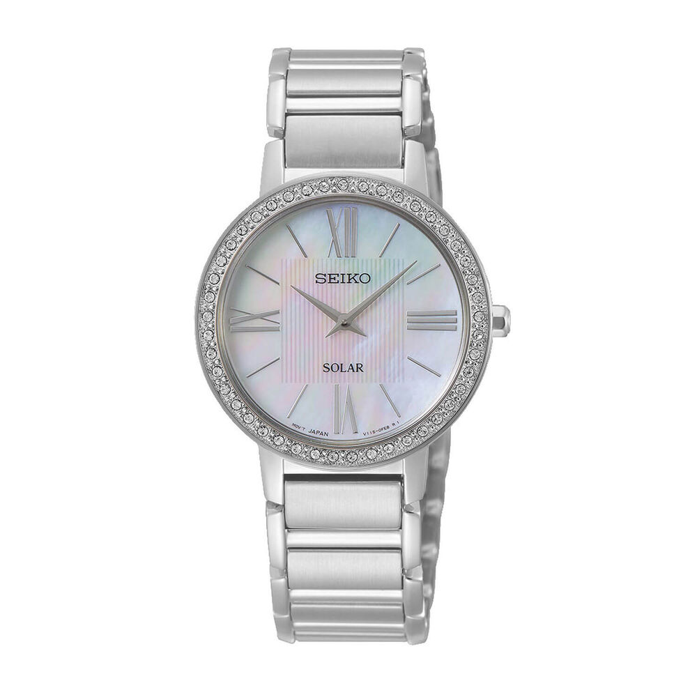 Seiko Solar Mother of Pearl Crystal Bezel 30mm Ladies Watch