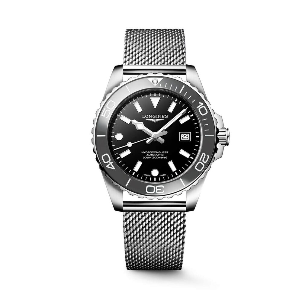 Longines HydroConquest 42mm Black Dial Grey Bezel Steel Bracelet Watch