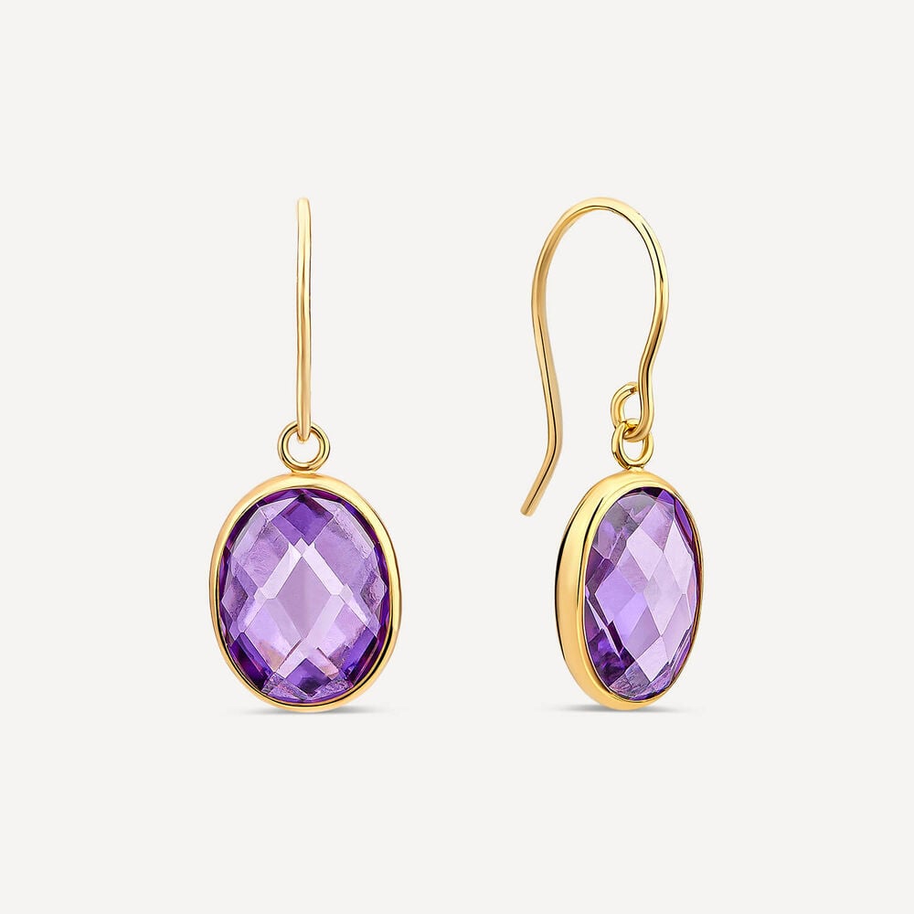 9ct Yellow Gold Purple Oval Cubic Zirconia Hook Earrings
