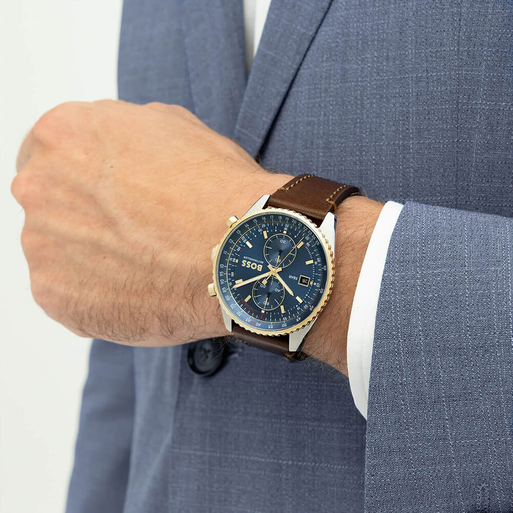 BOSS Skytraveller Pro 43mm Blue Dial Brown Leather Strap Watch