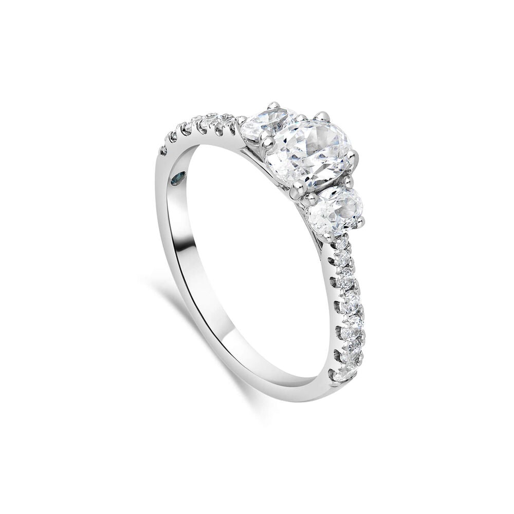 Kathy de Stafford 18ct White Gold Coco 3 Stone Oval Diamond with 1c Side Stone Set Shoulders Ring