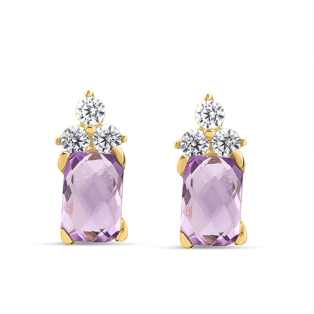 9ct Yellow Gold Rectangular Amethyst & Cubic Zirconia Trefoil Top Stud Earrings
