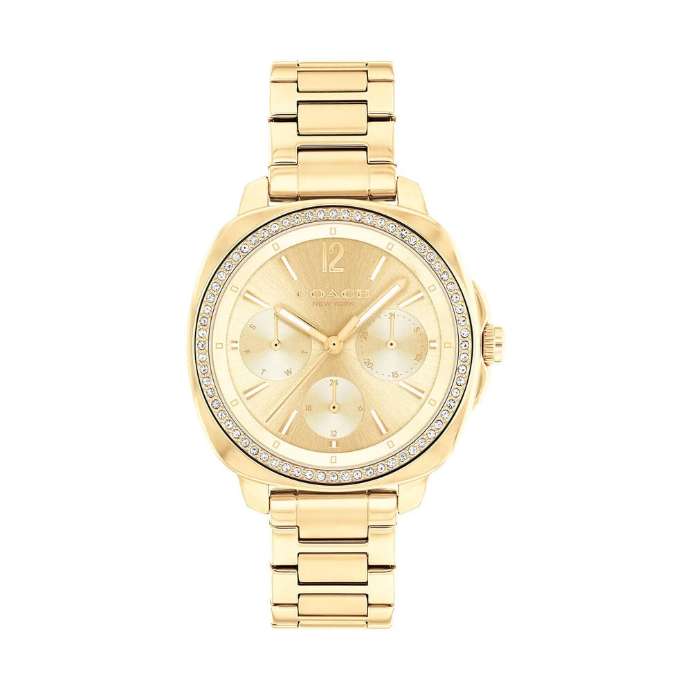 Coach Kitt 34mm Gold Dial Crystal Bezel Gold Tone Steel Bracelet Watch
