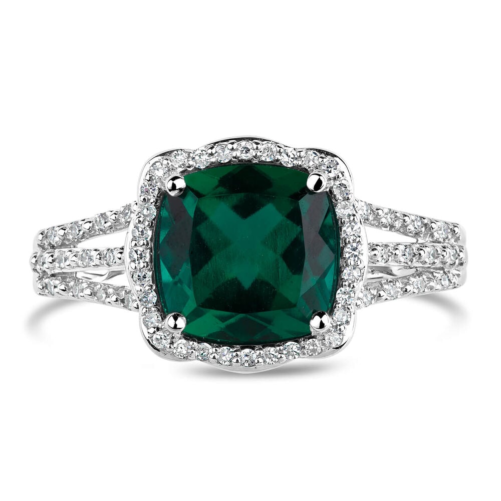 9ct White Gold 0.15ct Diamond and Created Emerald Cushion Halo Ring image number 1