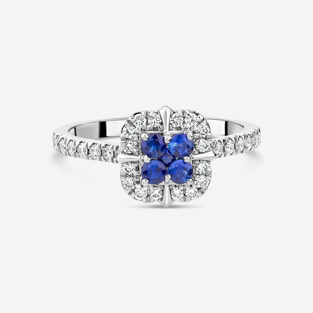 Platinum Four Sapphire Centre & 0.32ct Diamond Square Cluster Ring image number 2