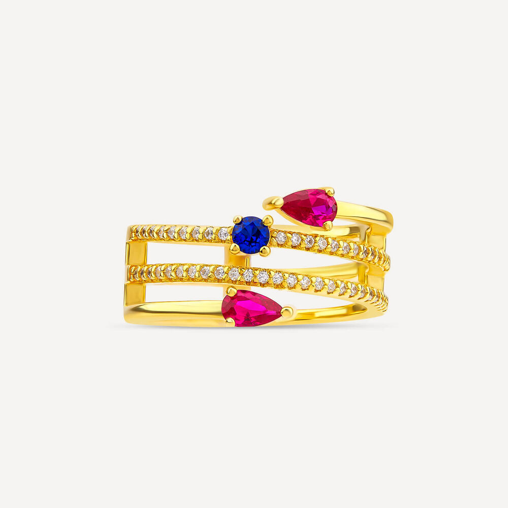 Sterling Silver Yellow Gold Plated Multi Colour Cubic Zirconia Four Strand Wrap Ring