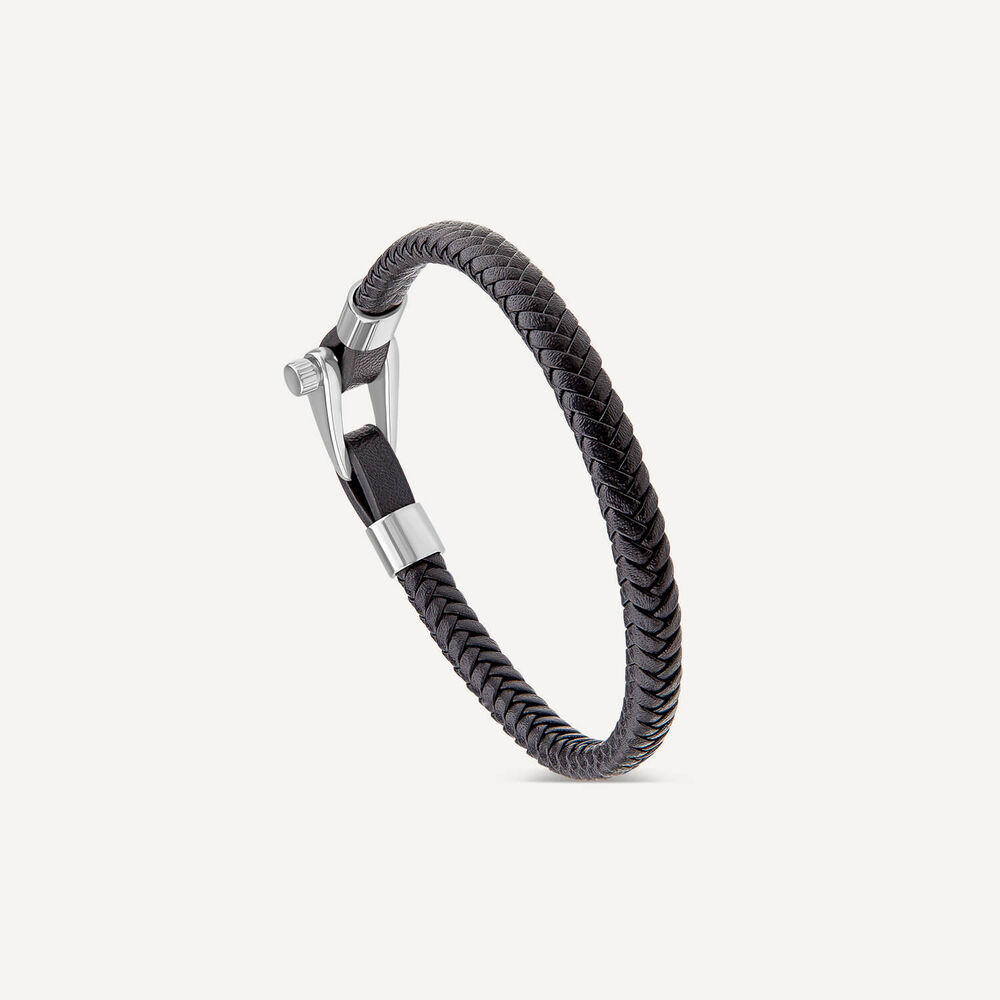 Men's Steel & Black Leather Plait Bracelet image number 2