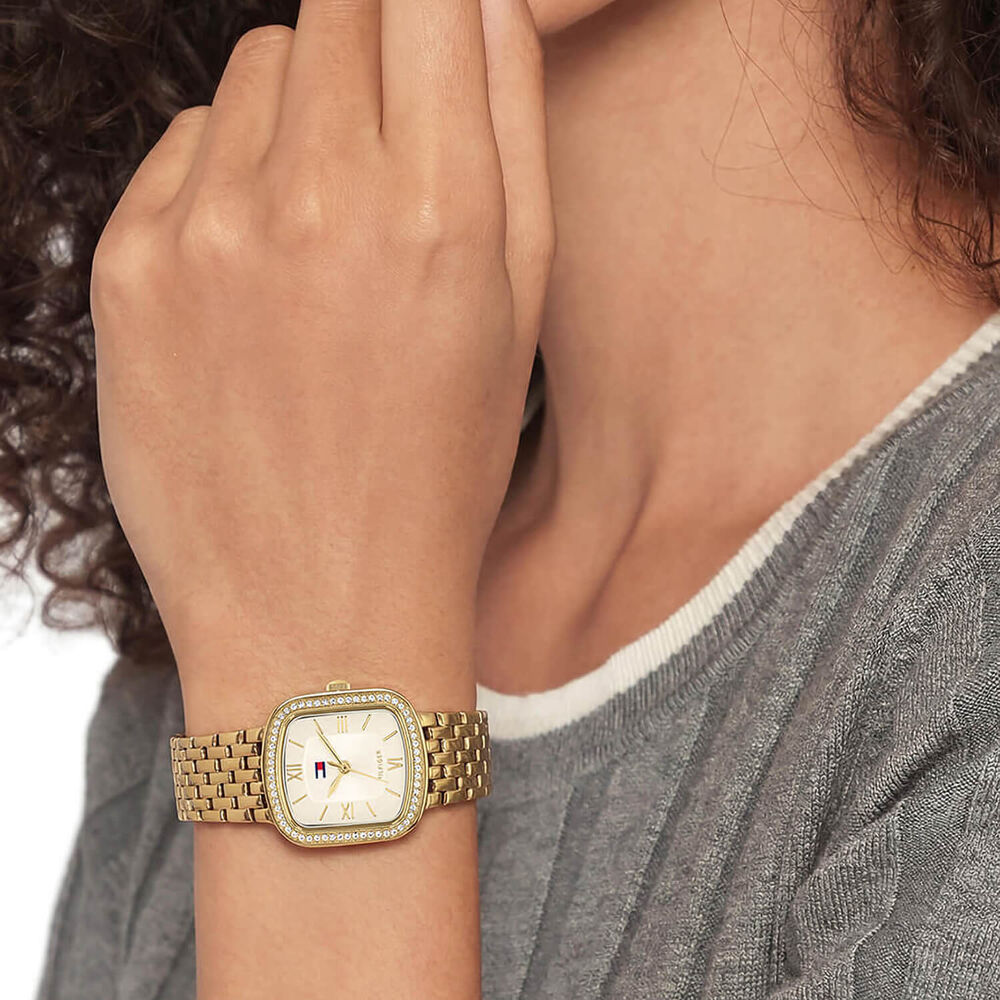 Tommy Hilfiger 24x22.5mm Champagne Dial Crystal Bezel Gold Tone Steel Bracelet Watch