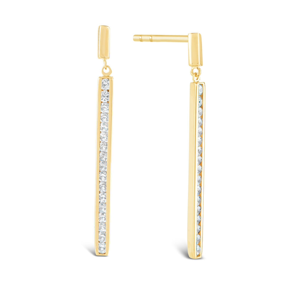 9ct Yellow Gold Cubic Zirconia Channel Set Bar Drop Earrings image number 1