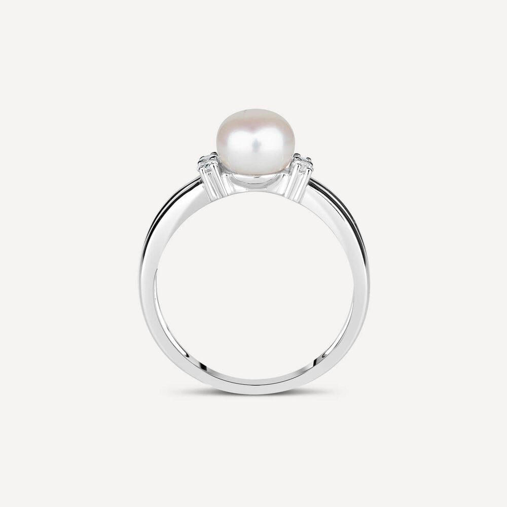 Sterling Silver Pearl and Cubic Zirconia Split Shoulder Ring image number 2