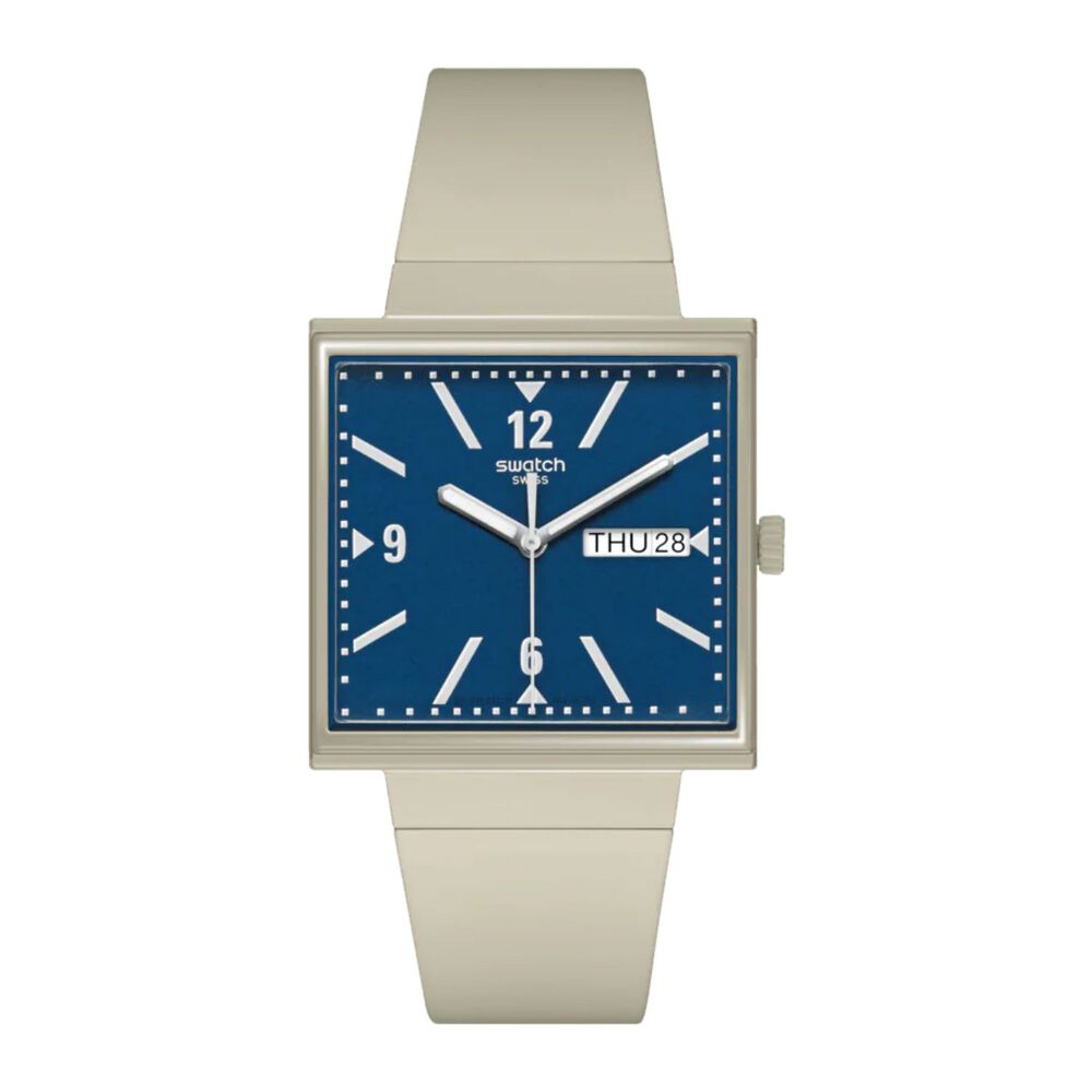 Swatch Bioceramic What if…Beige? Square Blue Dial Beige Strap Watch