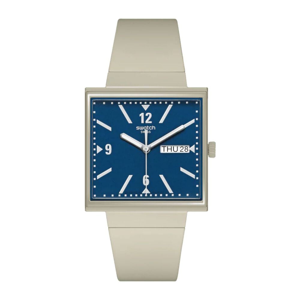 Swatch Bioceramic What if…Beige? Square Blue Dial Beige Strap Watch image number 0