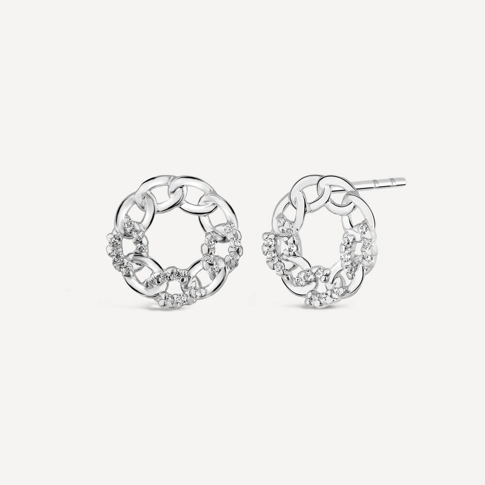 9ct White Gold Cubic Zirconia Set Curb Circle Stud Earrings