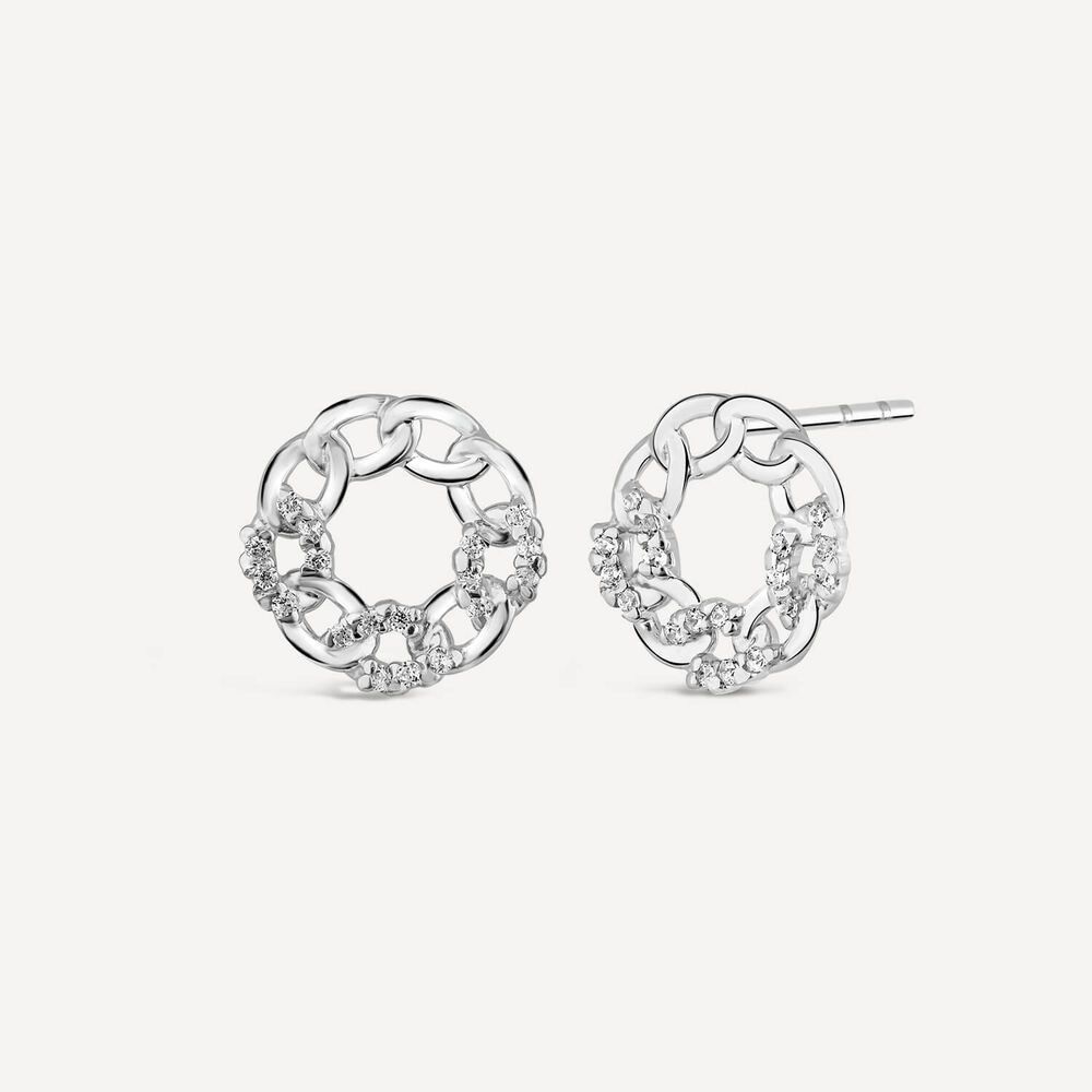 9ct White Gold Cubic Zirconia Set Curb Circle Stud Earrings image number 1