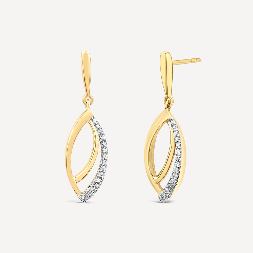 9ct Yellow & White Gold 0.10ct Diamond Set Navette Shaped Drop Earrings