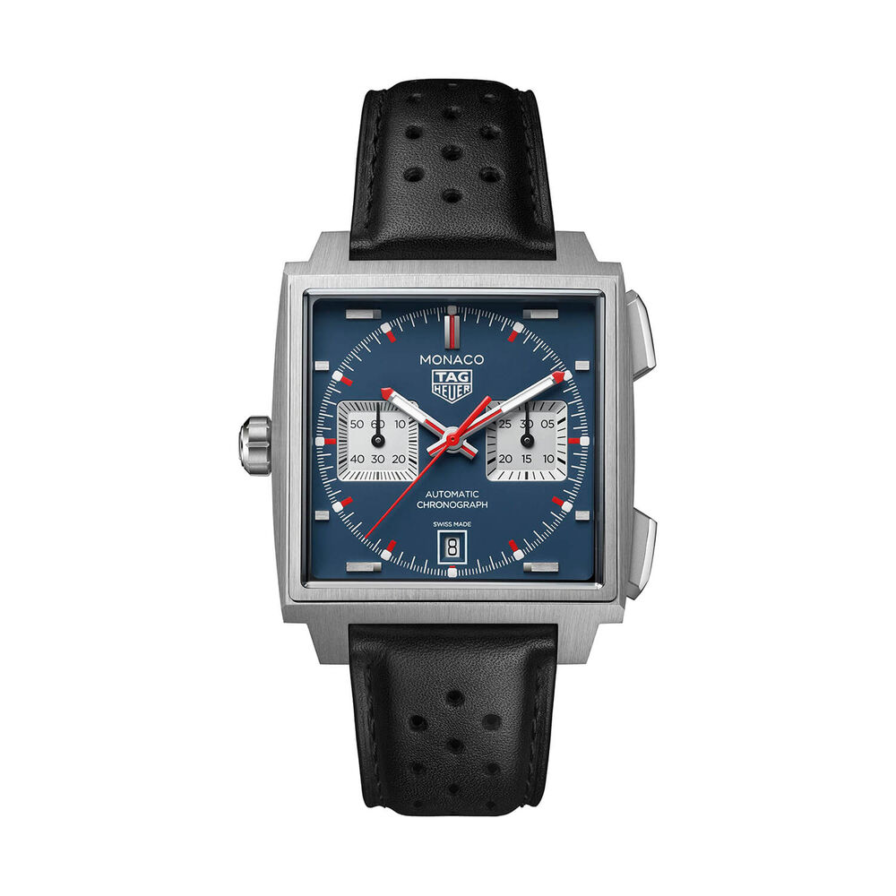 TAG Heuer Monaco Chronograph 39mm Blue Dial Black Leather Strap Watch