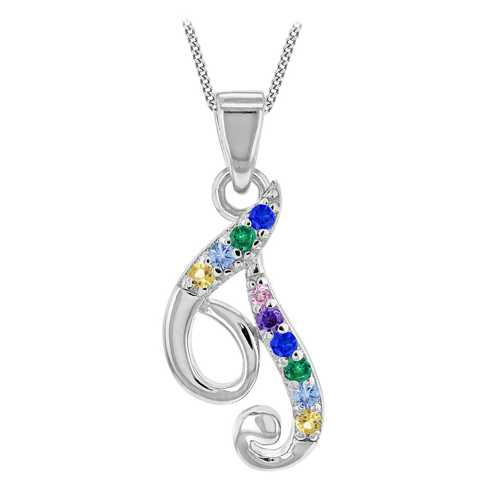 Sterling Silver Coloured Stone Set Initial "T" Pendant - Chain Included image number 0
