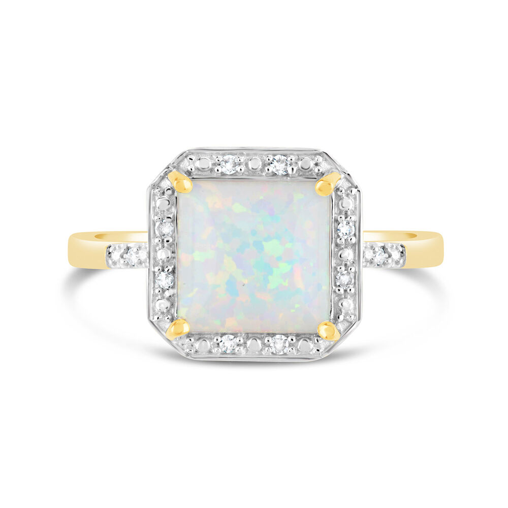 9ct Yellow Gold 0.028ct Diamond and Square Opal Ring