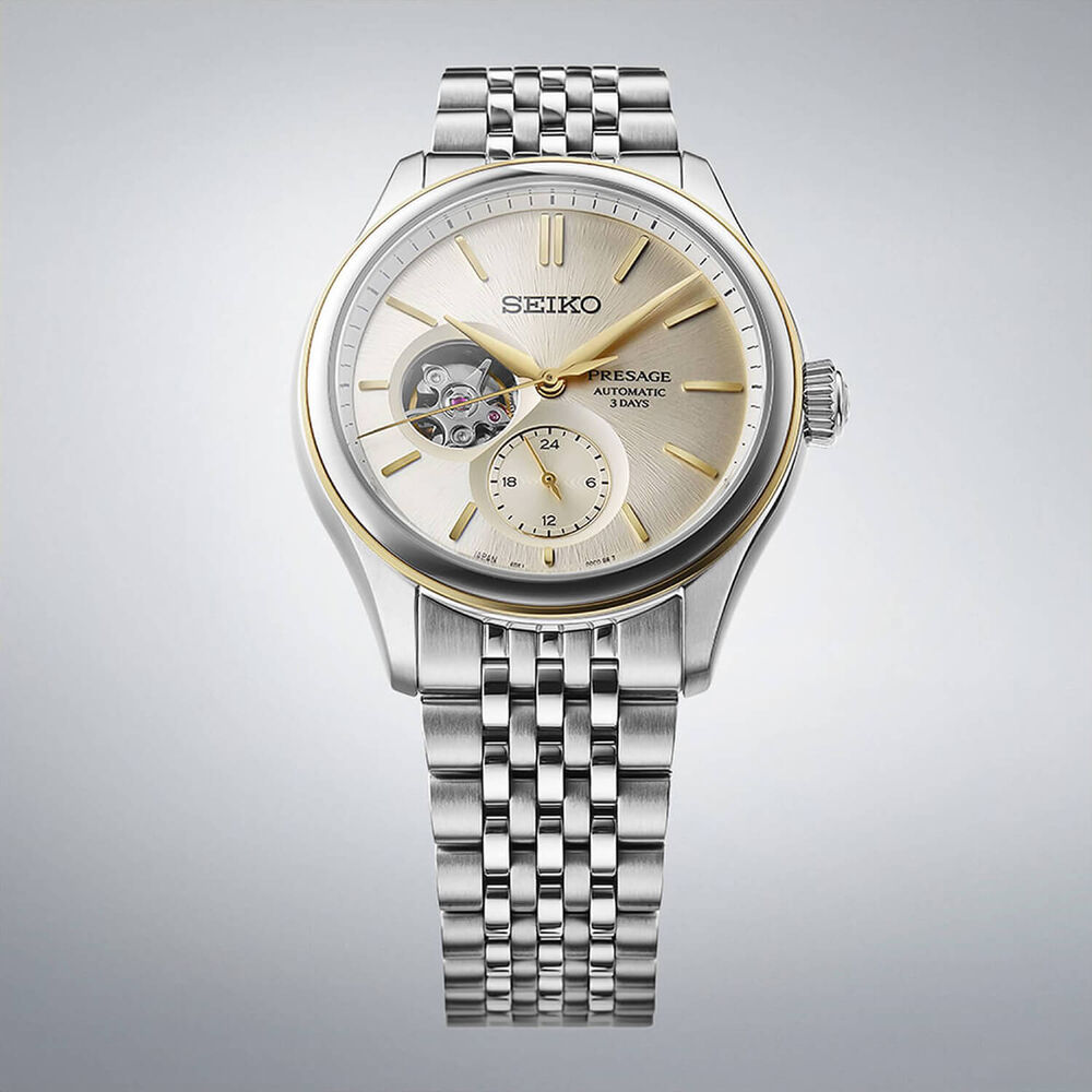 Seiko Presage Classic Series 40.2mm Open Heart Delicate Cream Silk Steel Bracelet Watch