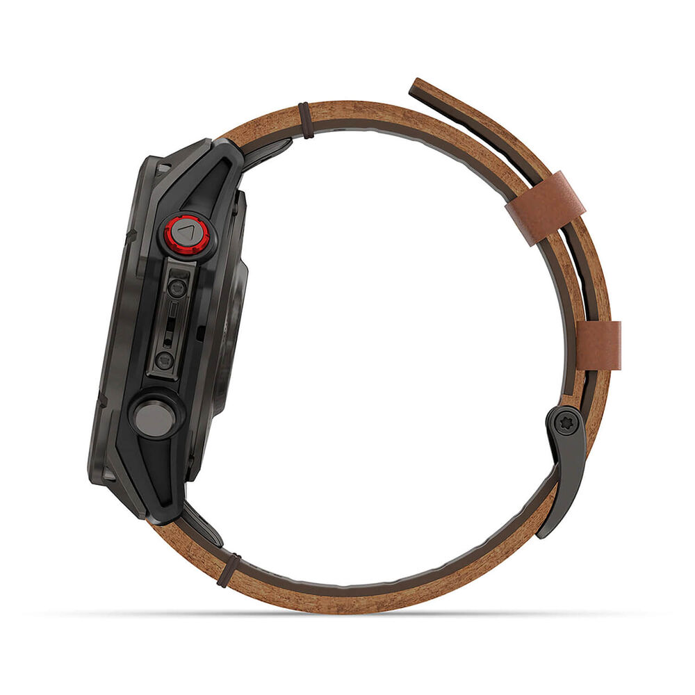 Garmin fenix 8 Pro AMOLED 47mm Carbon Grey DLC Titanium Case Brown Leather Strap Watch image number 5