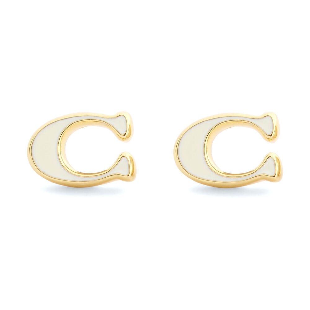 Coach Gold Tone Brass White Enamel C Stud Earrings