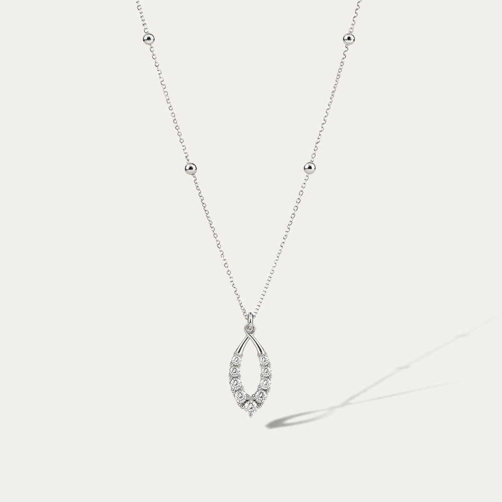 9ct White Gold Beaded Chain Open Oval Cubic Zirconia Set Pendant