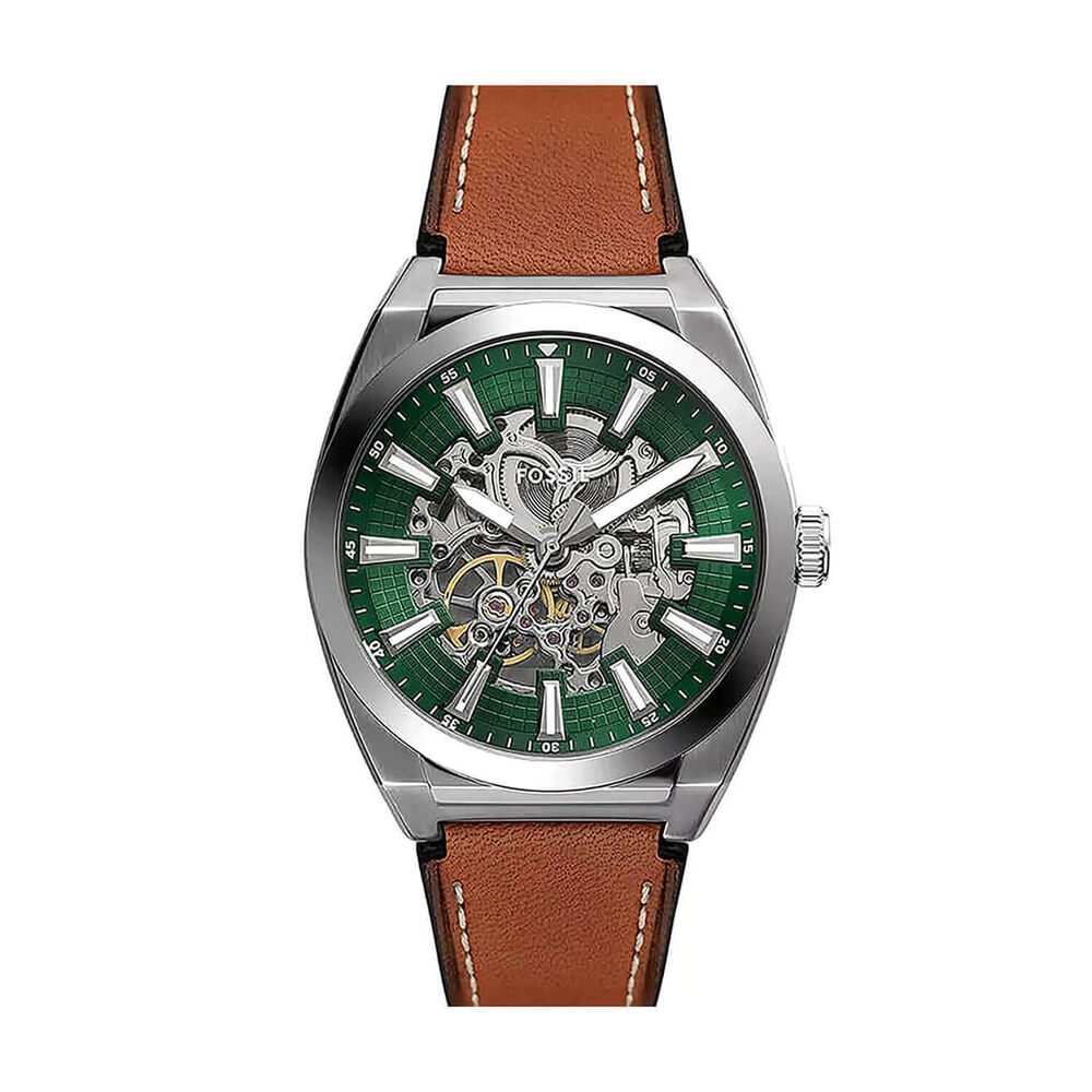 Fossil Everett 42mm Green Skeleton Dial Brown Leather Strap Watch image number 0