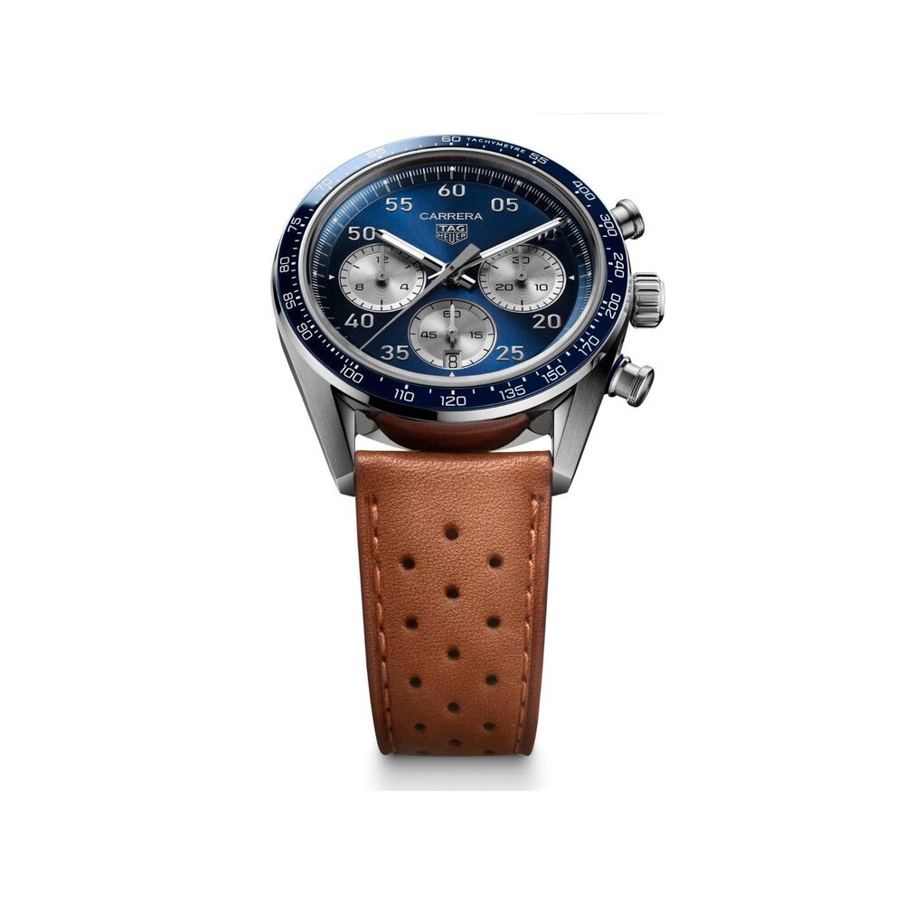 TAG Heuer Carrera Chronograph Sport 42mm Blue Dial Brown Leather Strap Watch