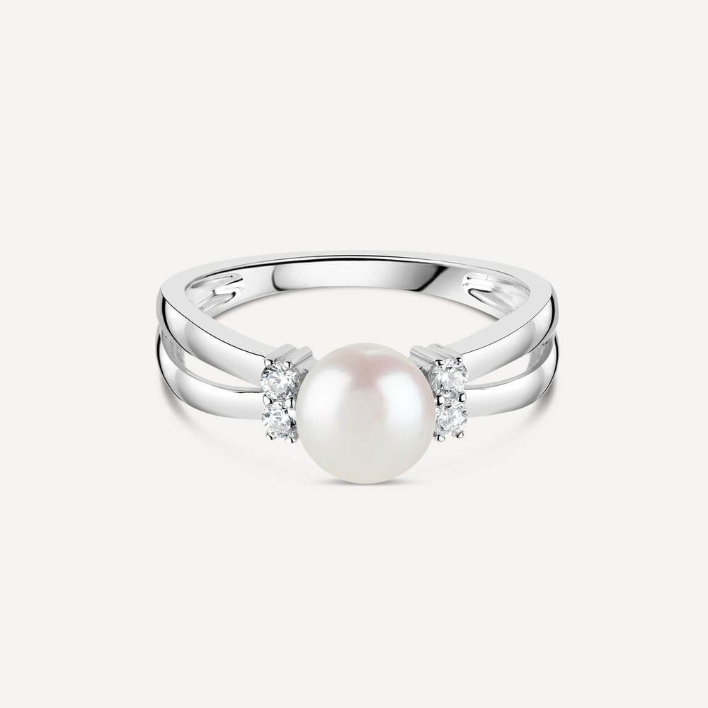 Sterling Silver Pearl and Cubic Zirconia Split Shoulder Ring image number 4