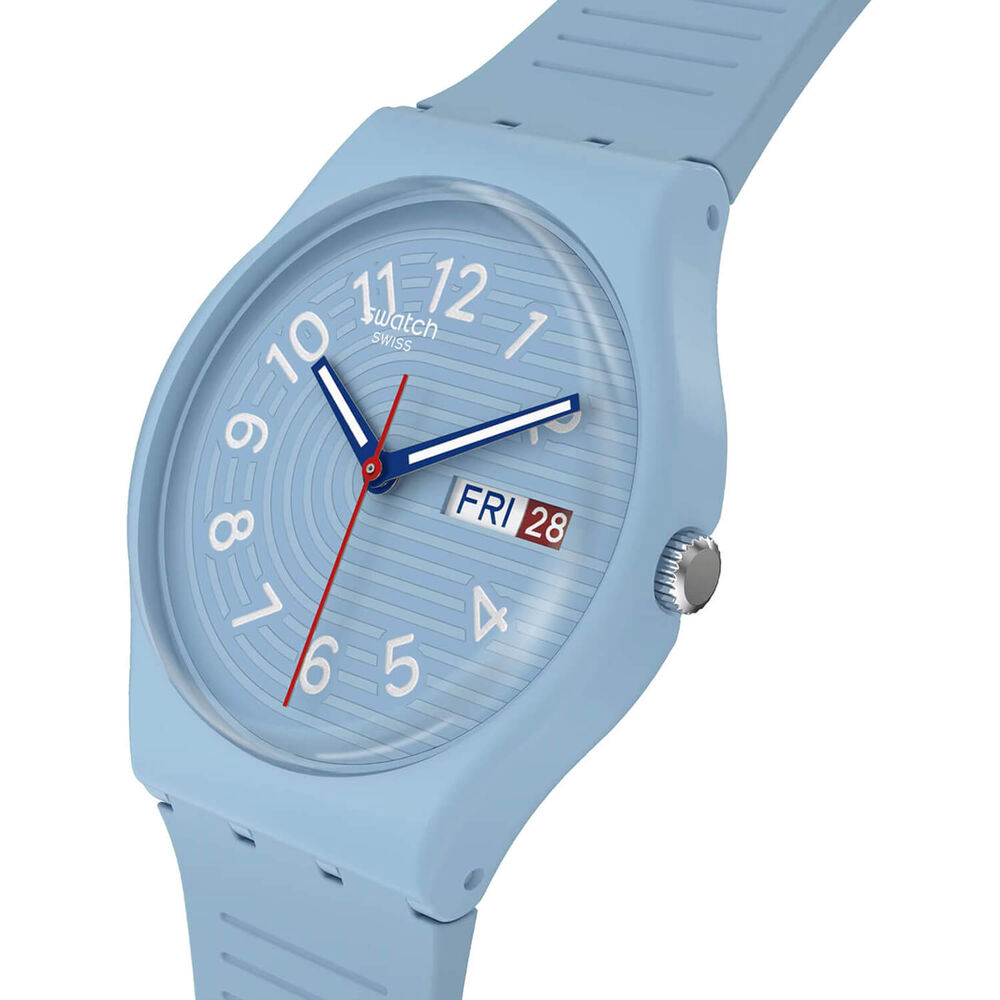 Swatch Trendy Lines in The Sky 34mm Light Blue Dial Strap Watch