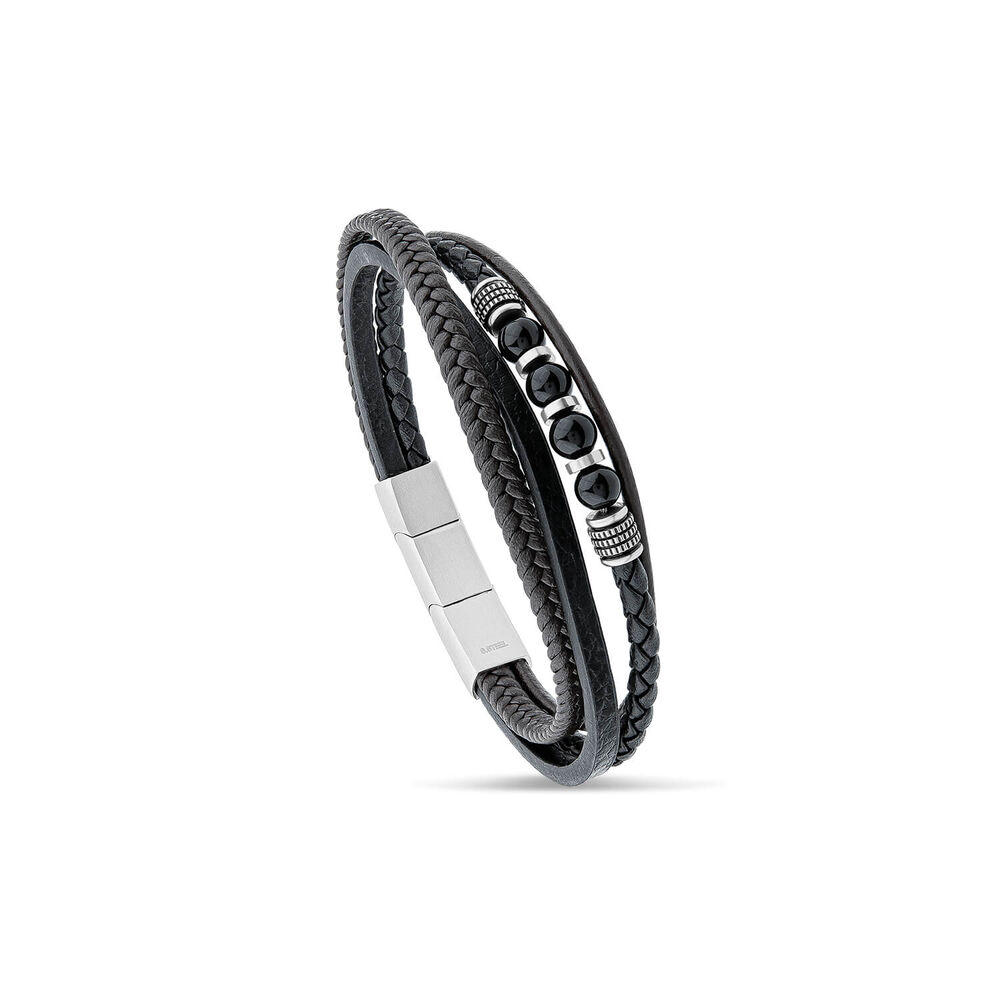 Gents Steel Onyx & Leather Multi Strap Bracelet image number 0