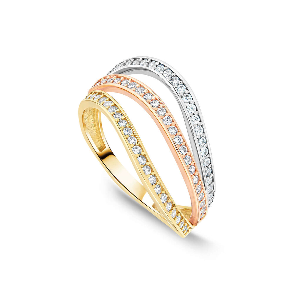 9ct Three Colour Gold Cubic Zirconia Set Three Strands Band Ring