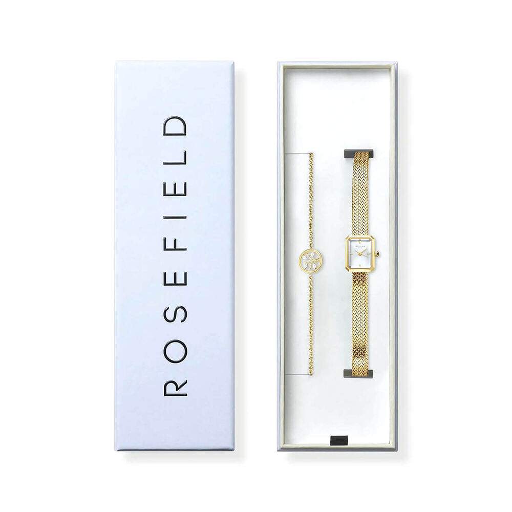 Rosefield Mini Octagon 15mm White Dial Gold Woven Mesh Bracelet Watch & Tree of Life Bracelet