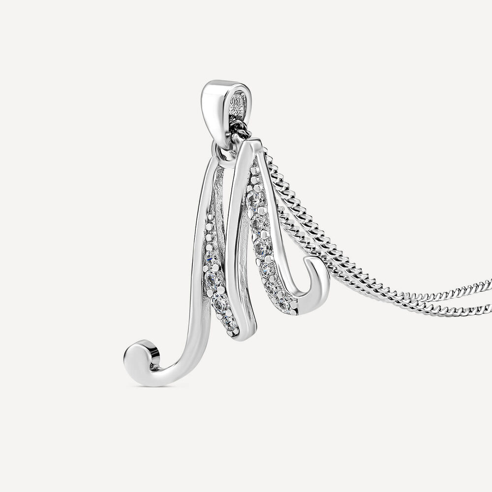 Sterling Silver Script Cubic Zirconia Initial "M" Pendant image number 2