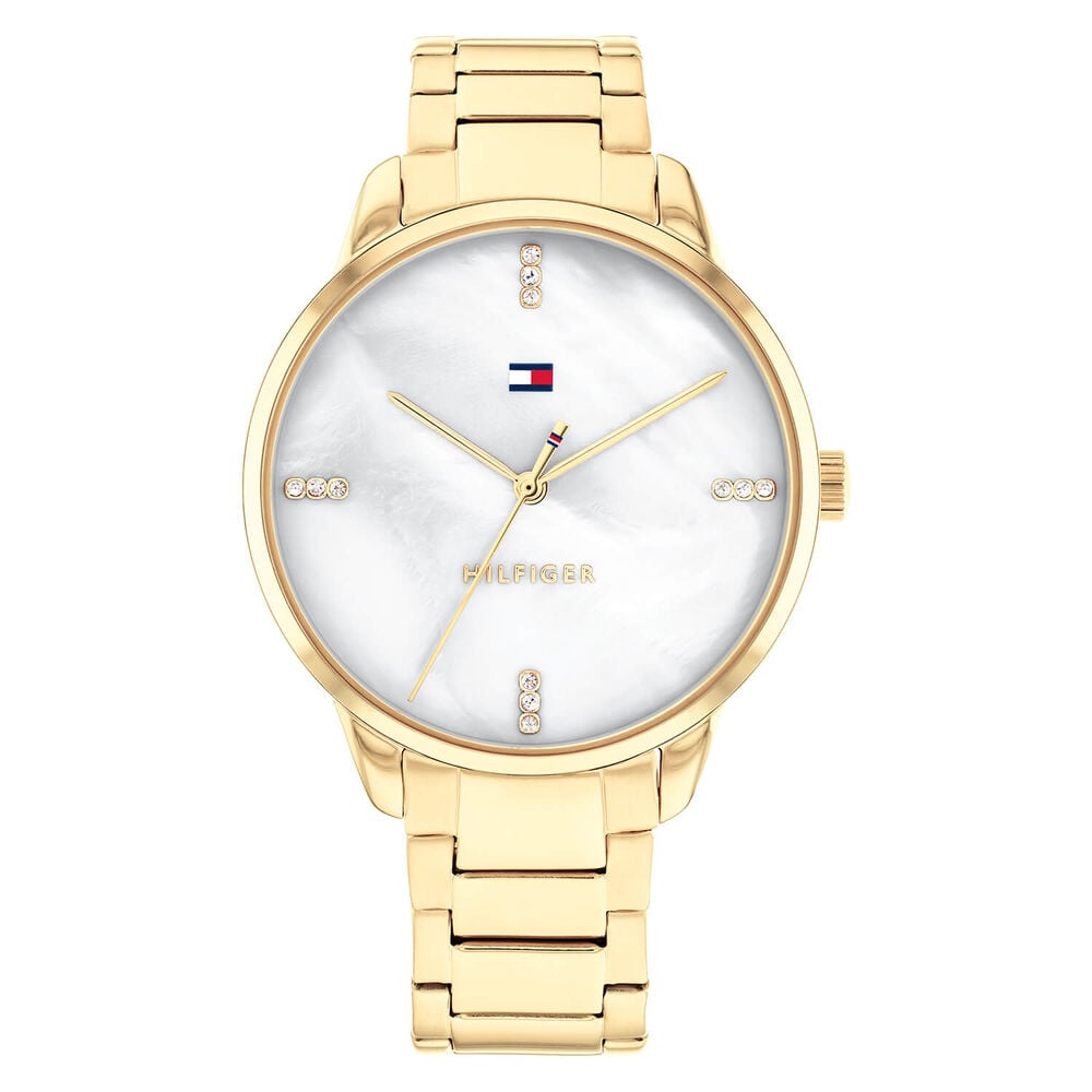 Tommy Hilfiger 36mm White Mother of Pearl Dial Yellow Gold & Steel Mesh Bracelet Watch image number 0