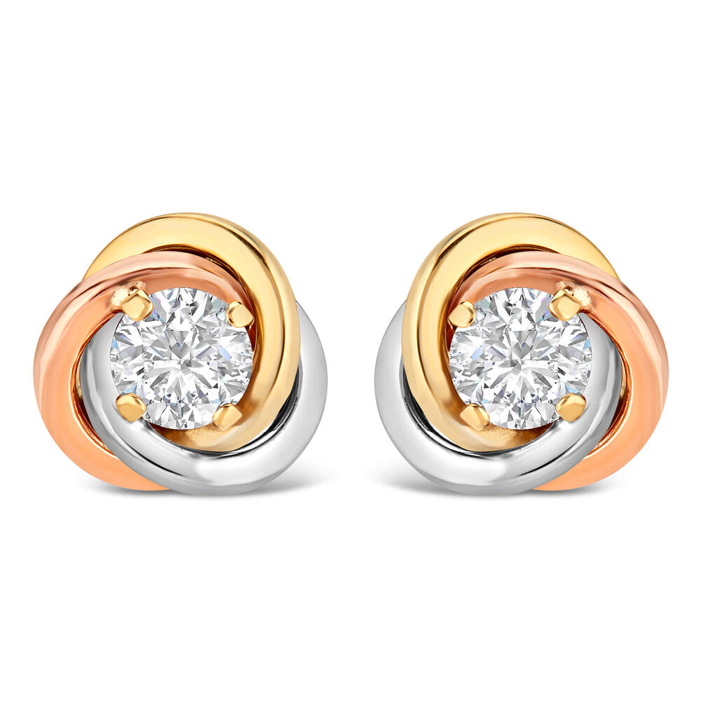 9ct 3 Colour Gold Cubic Zirconia Set Knot Stud Earrings image number 0