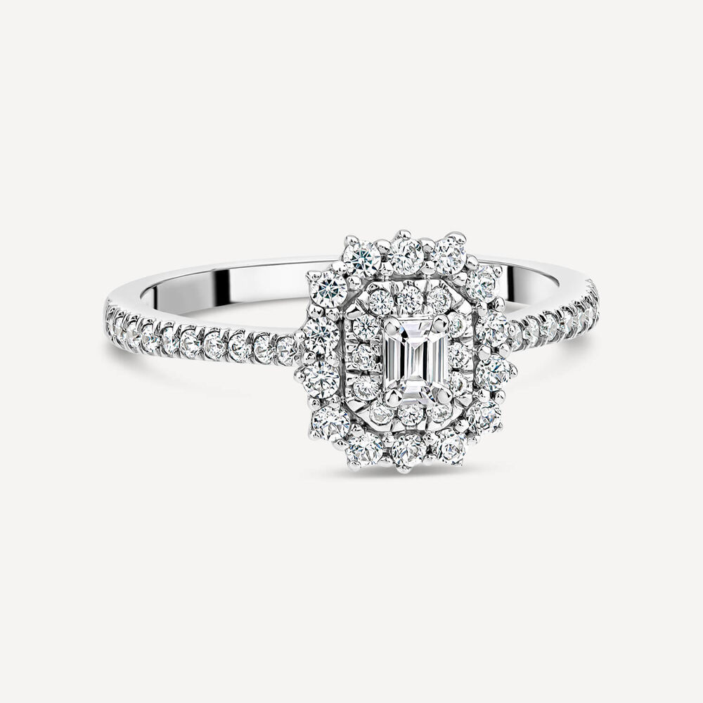 Platinum 0.50ct Double Cluster & Emerald Cut Centre Diamond Shoulders Ring image number 2