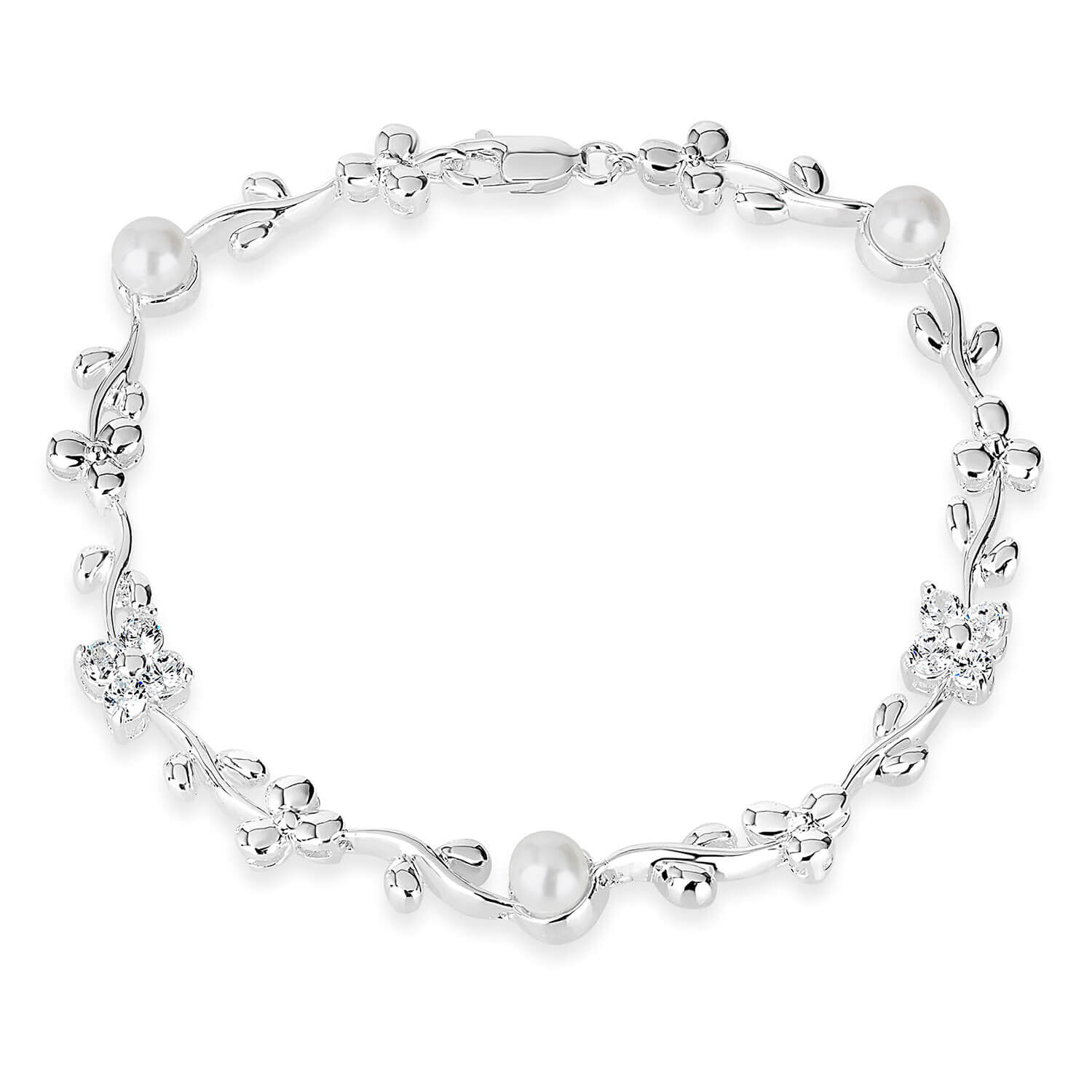 Sterling Silver Cubic Zirconia Pearl Cluster Flower Bracelet