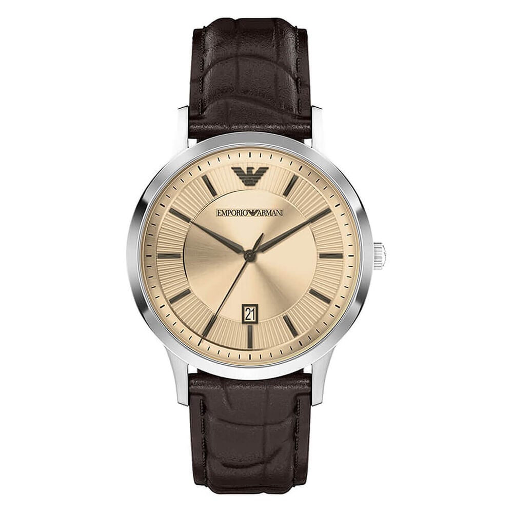 Emporio Armani Renato 43mm Beige Dial Brown Leather Strap Watch