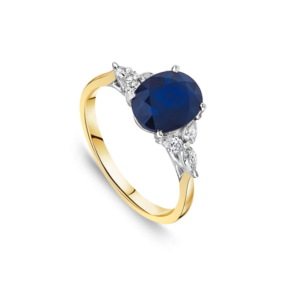 9ct Yellow Gold Sapphire Centre 0.30ct Pear & Marquise Diamond Sides Ring