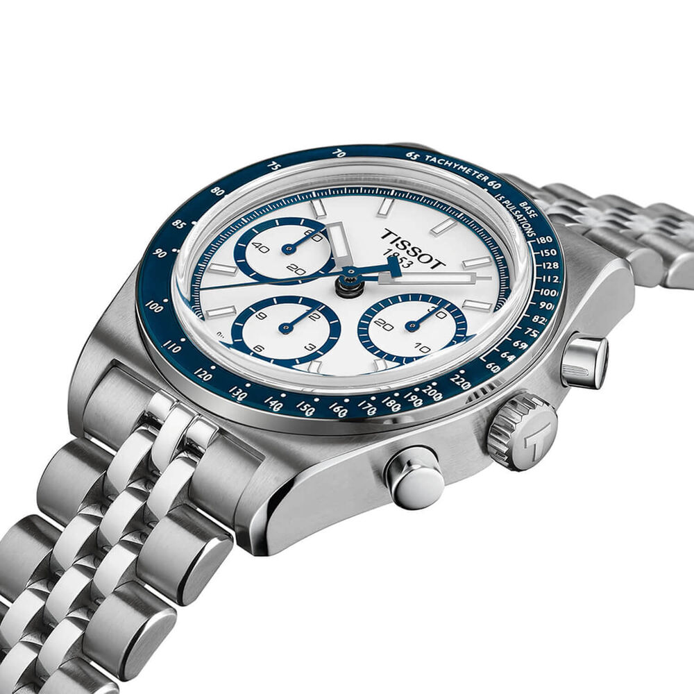 Tissot PR516 Chronograph 41mm White Dial Blue Bezel Steel Bracelet Watch image number 1