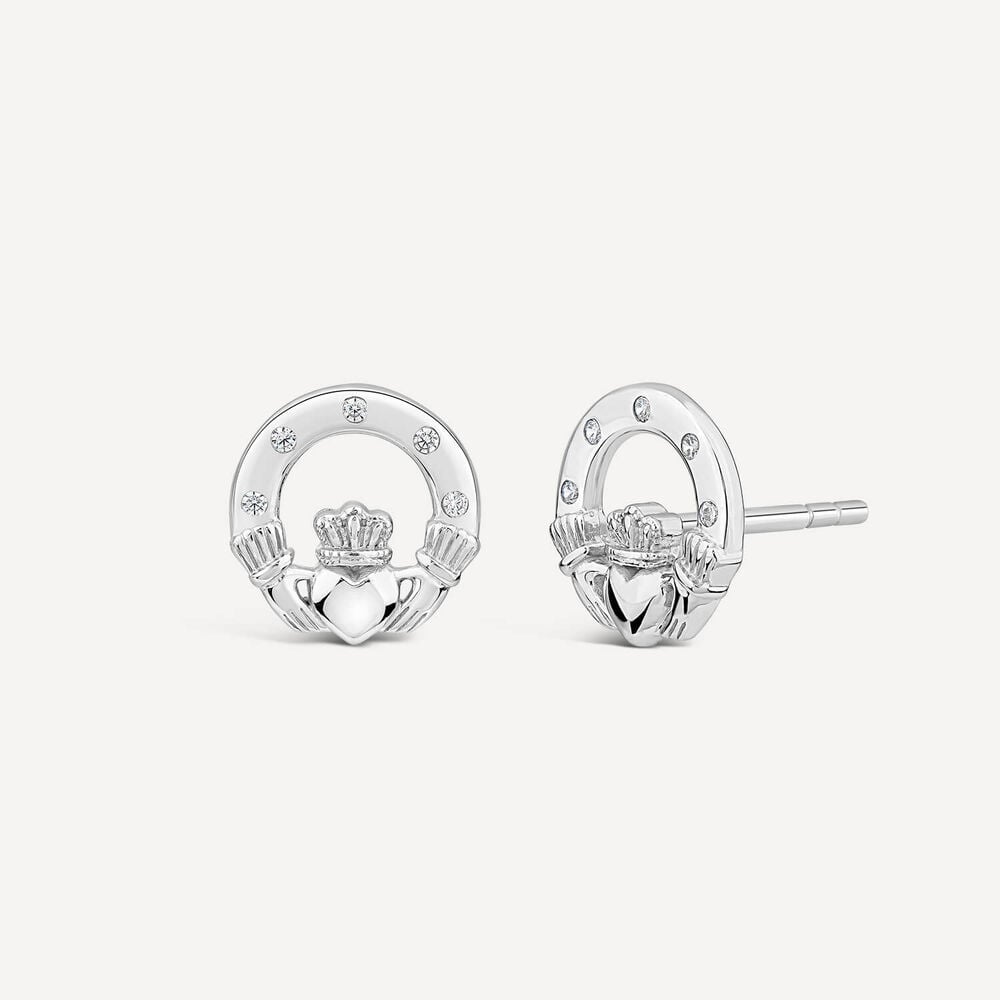 Silver Claddagh Cubic Zirconia Stud Earrings image number 1