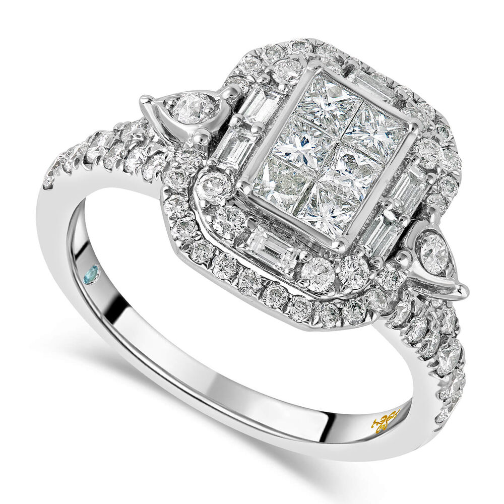 Kathy De Stafford 18ct White Gold 'Saffron' Rectangular Princess & Baguette Halo Shoulders Ring