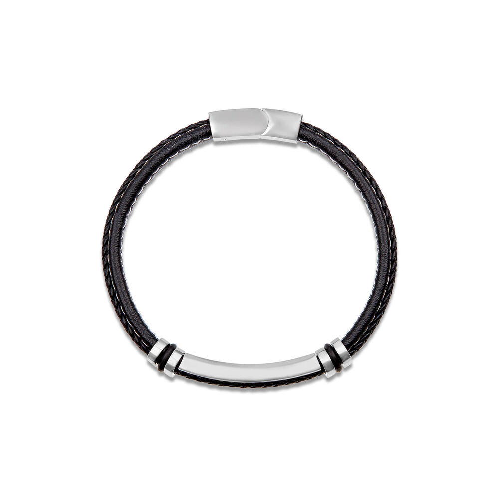 Mens's Steel & Black Leather White Stitching Bracelet