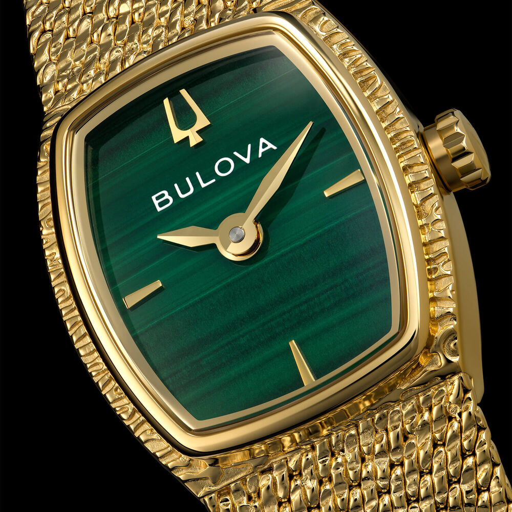 Bulova Goddess of Time 17mm Green Malachite Dial Gold Tone Steel Mesh Bracelet Watch image number 8