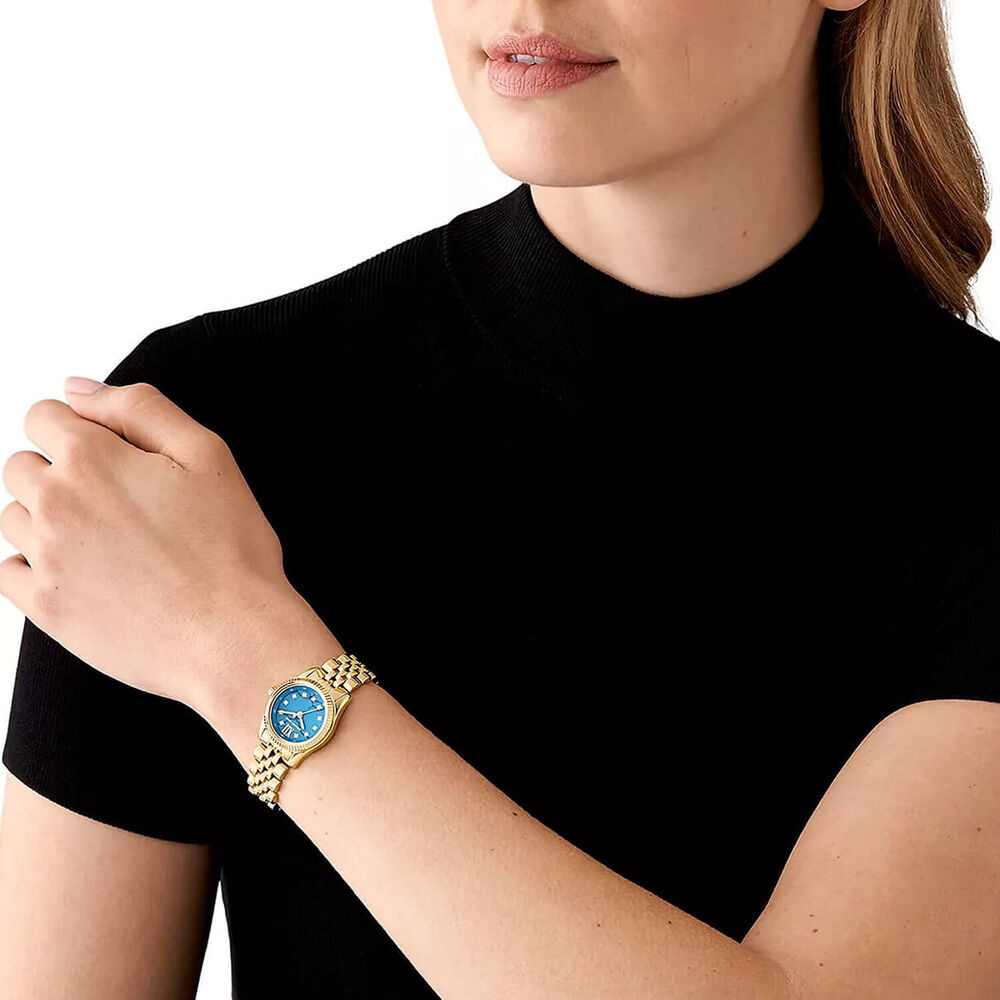 Michael Kors Lexington 26mm Turqoise Dial Yellow Gold Toned Steel Bracelet Watch image number 3