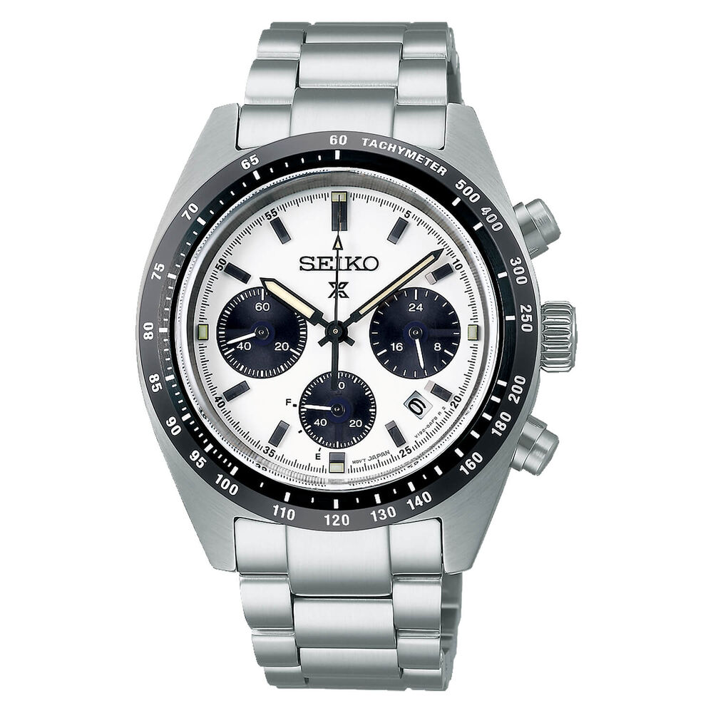 Seiko Prospex Speedtimer Solar 39mm Chronograph White Dial Steel Case Bracelet Watch