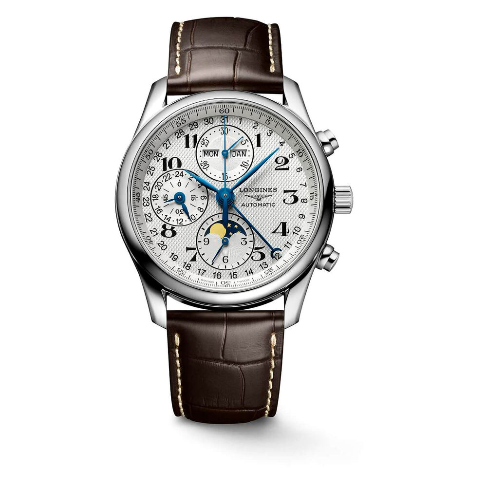 Longines Master Collection 40mm Automatic Chronograph Silver Dial Leather Strap Watch