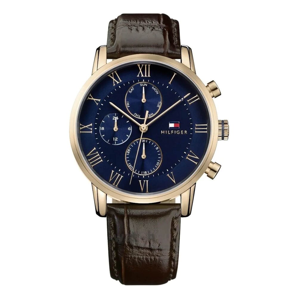 Tommy Hilfiger Blue & Rose Roman Numeral Chronograph Dial Brown Strap Watch image number 0