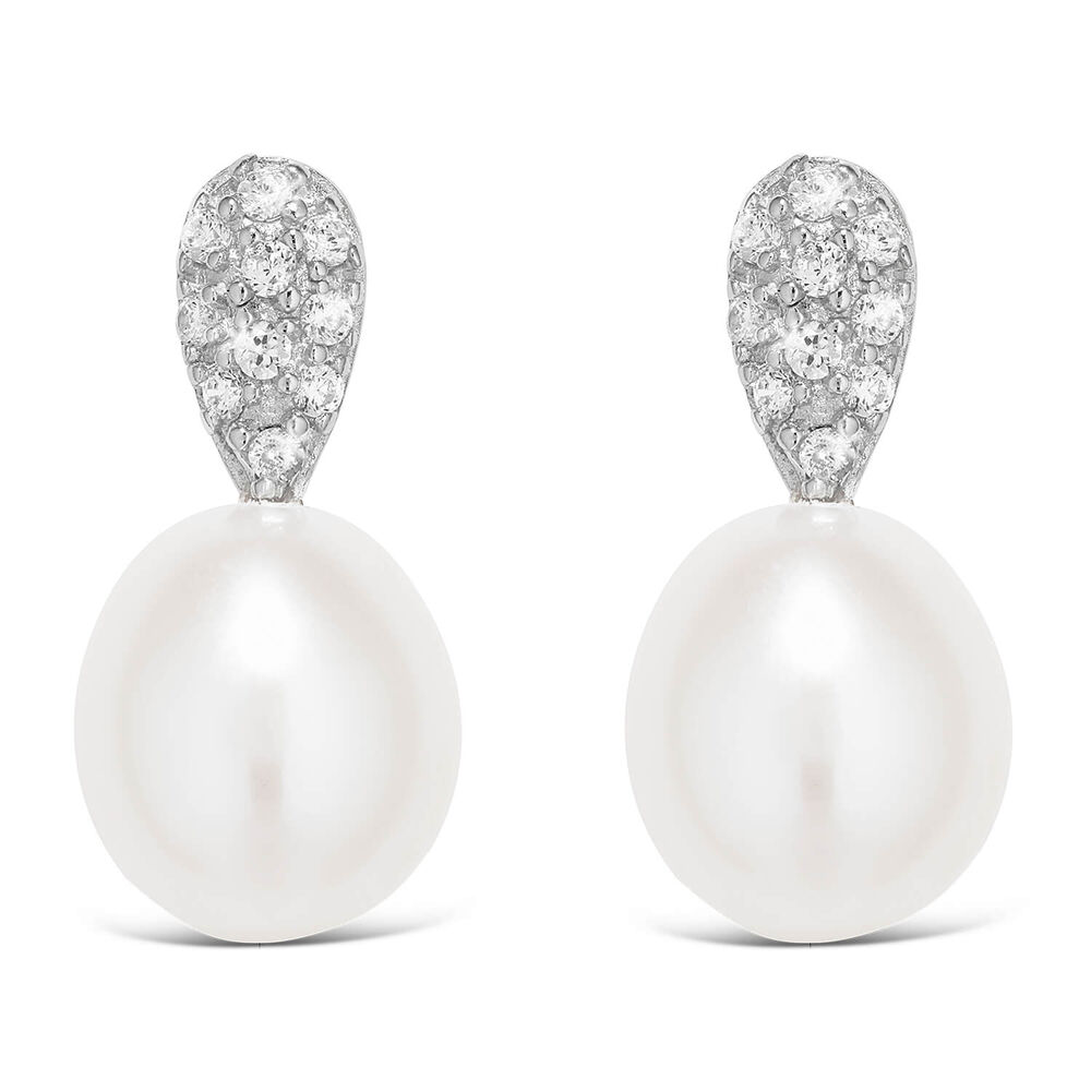 Ladies Sterling Silver and Cubic Zirconia Pearl Earrings image number 0